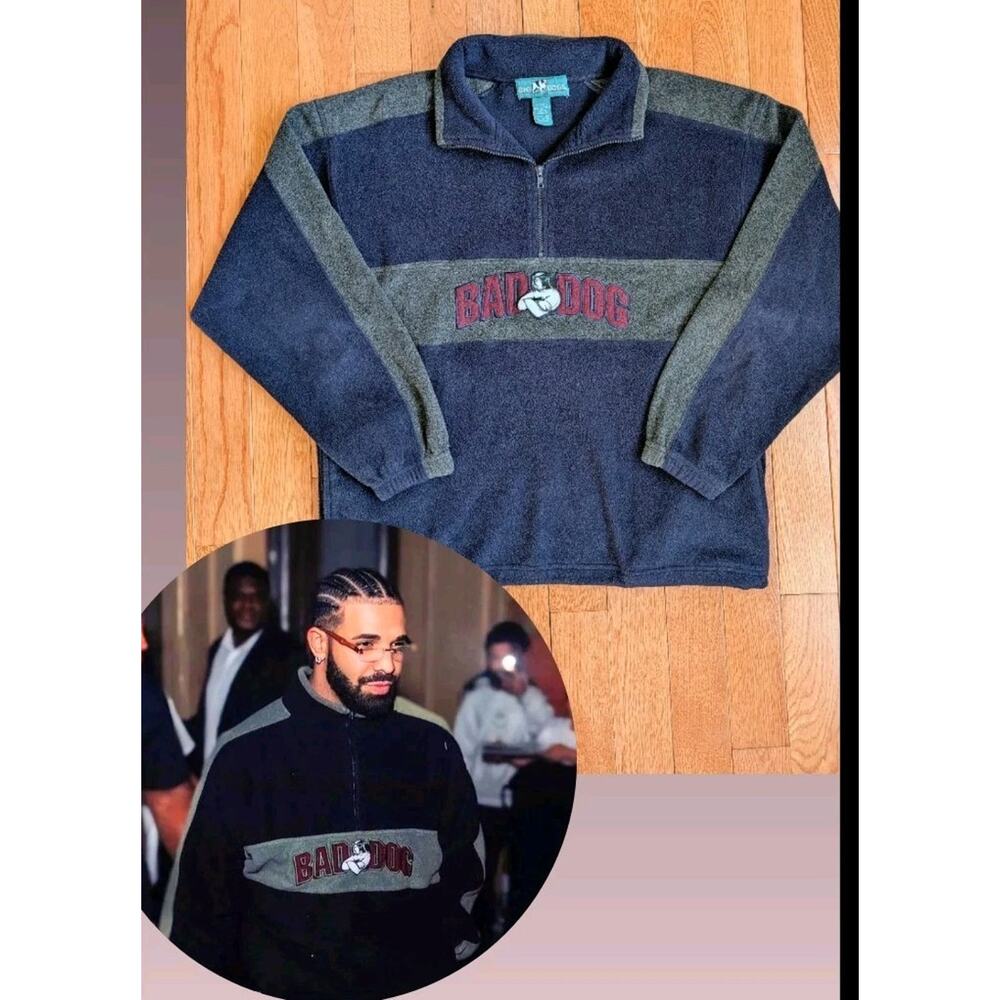 Rare Y2K Big Dogs Bad Dog Logo Applique ASO Drake Quarterzip Fleece Pullover M